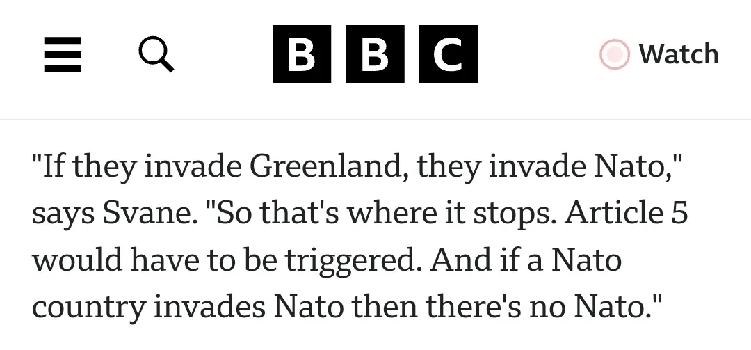 A screenshot of a BBC webpage displaying a quote attributed to Svane about NATO's Article 5, stating that if a NATO country…