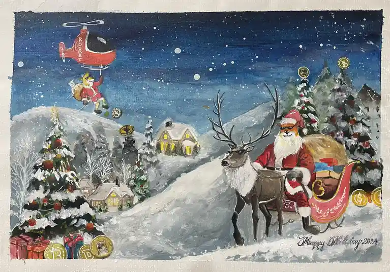 A hand-painted Christmas scene shows Santa Claus in a red sleigh pulled by a reindeer, with snow-covered trees and houses…
