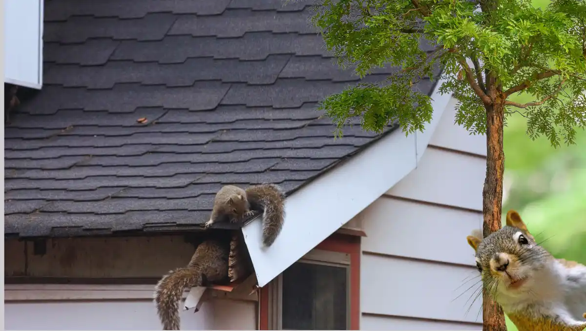 A real squirrel is seen climbing down a house's dark shingled roof toward a gutter, while a digitally inserted, close-up…