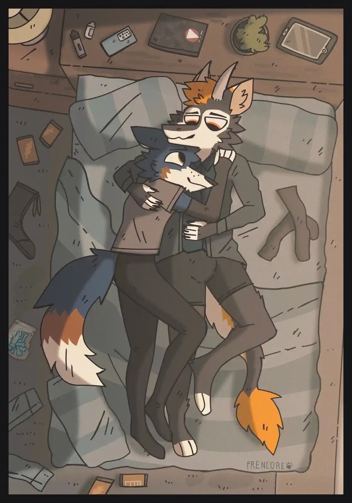 Two anthropomorphic wolves are cuddling in bed amidst a messy room with scattered items like a vape pen, phone, and books…