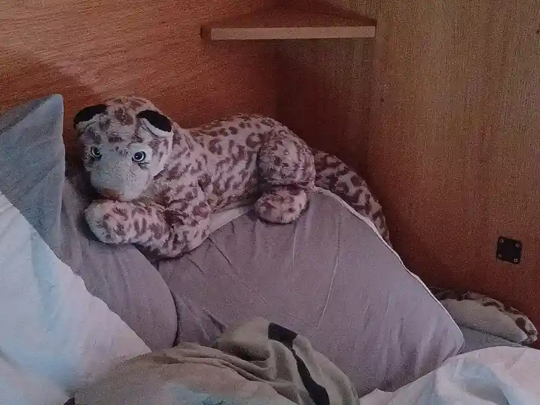 A plush leopard toy with spotted fur and large blue eyes is lying on a bed, propped up on pillows, looking directly at the…