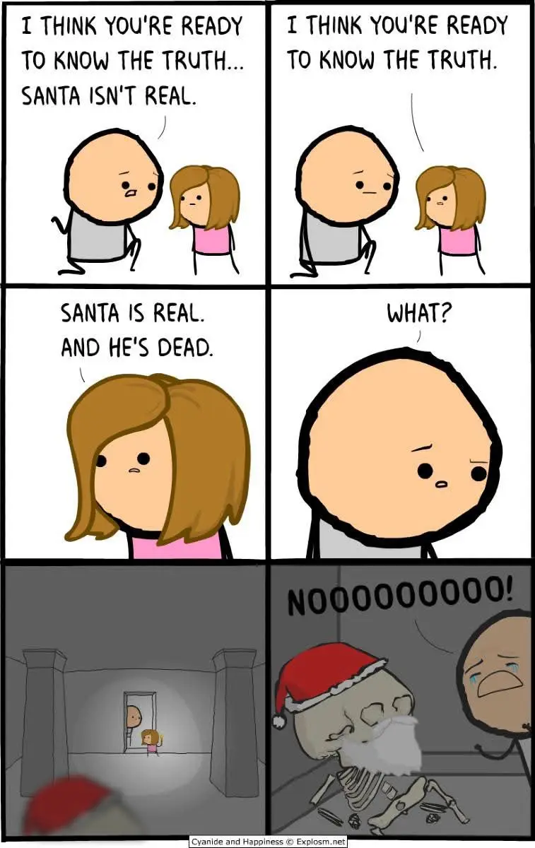 A four-panel comic strip shows a bald man telling a girl the truth about Santa Claus. He says Santa isn't real, then she…