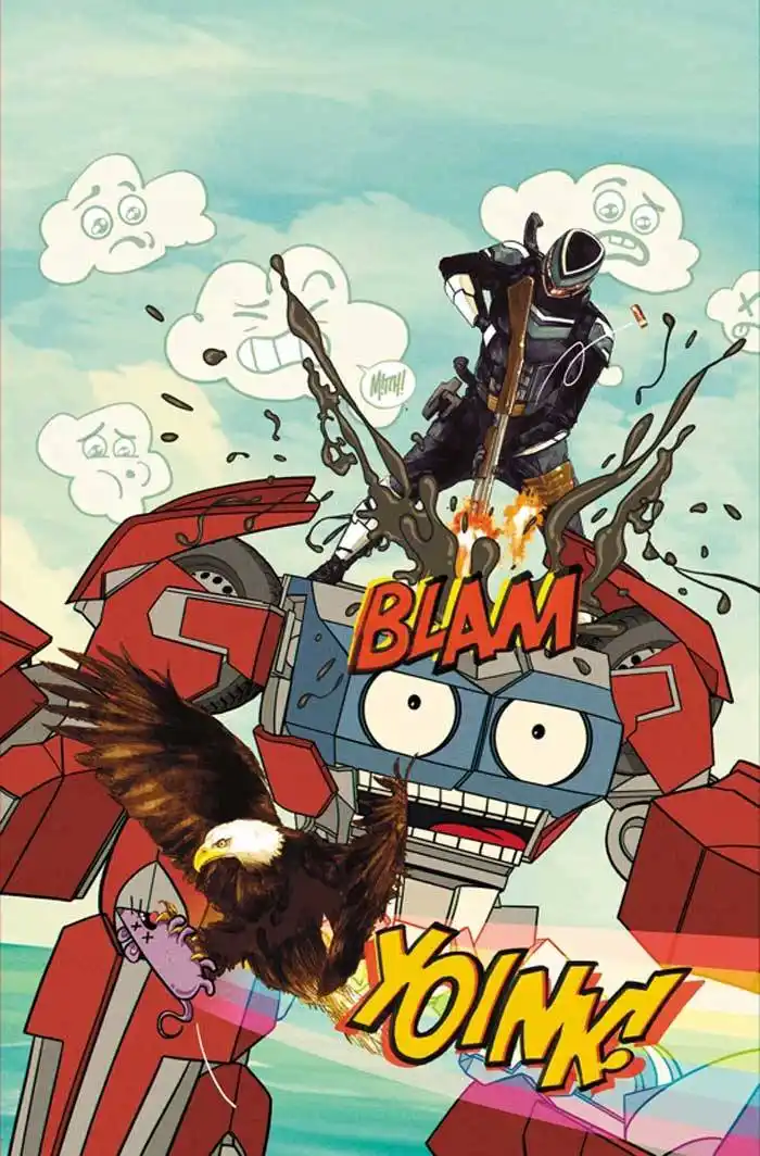 A cartoonish comic panel shows a masked figure in black swinging a baseball bat at a red and blue robot, which is exploding…