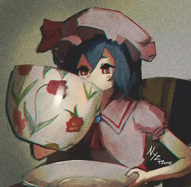 An anime-style girl with blue hair and a large red bow is holding a floral-patterned teacup to her face, appearing to cry…
