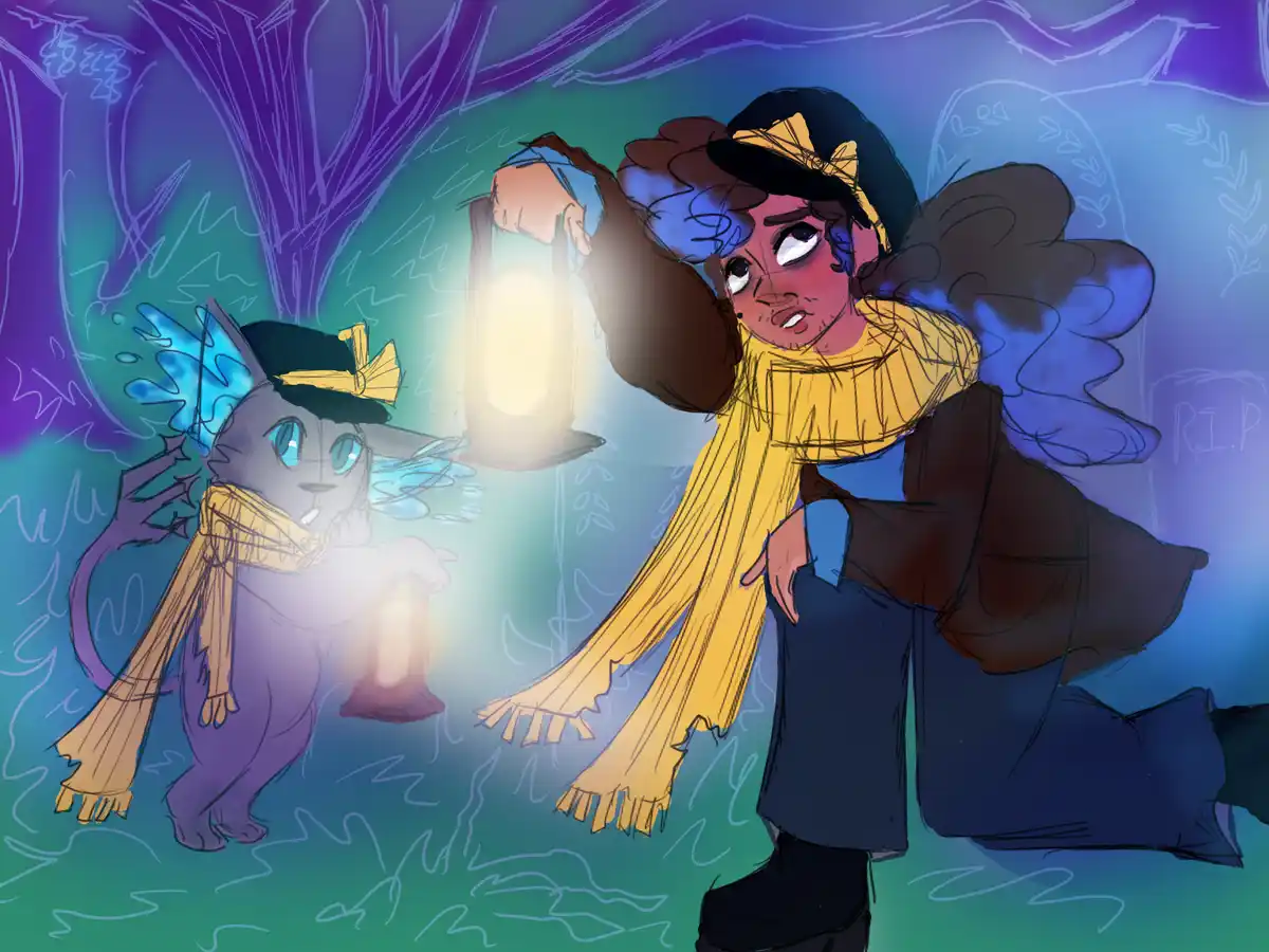 A person with dark skin and curly hair, wearing a yellow scarf and black hat, holds a lantern while looking terrified in a…