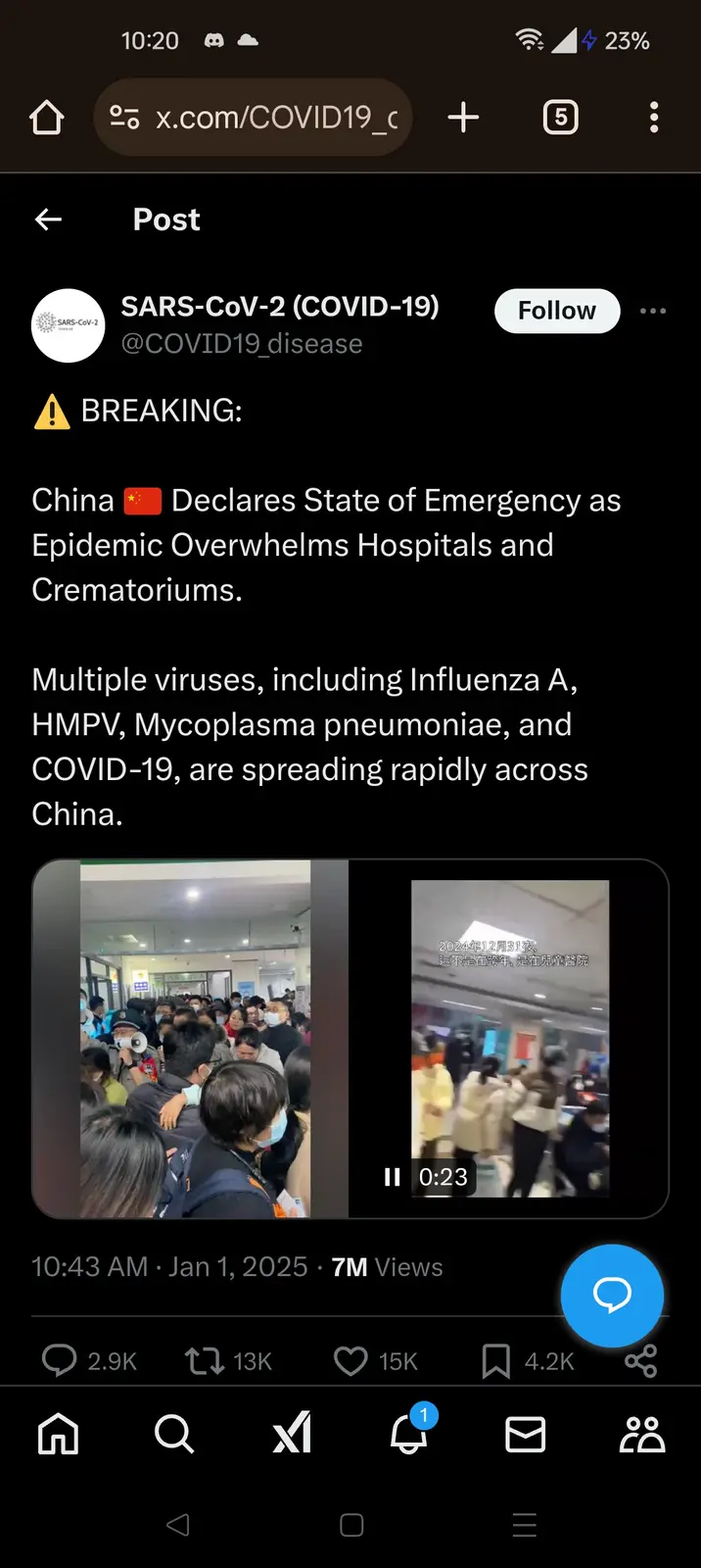 A screenshot of an x.com post from a fake account named 'SARS-CoV-2 (COVID-19)' that pretends to be breaking news about a…
