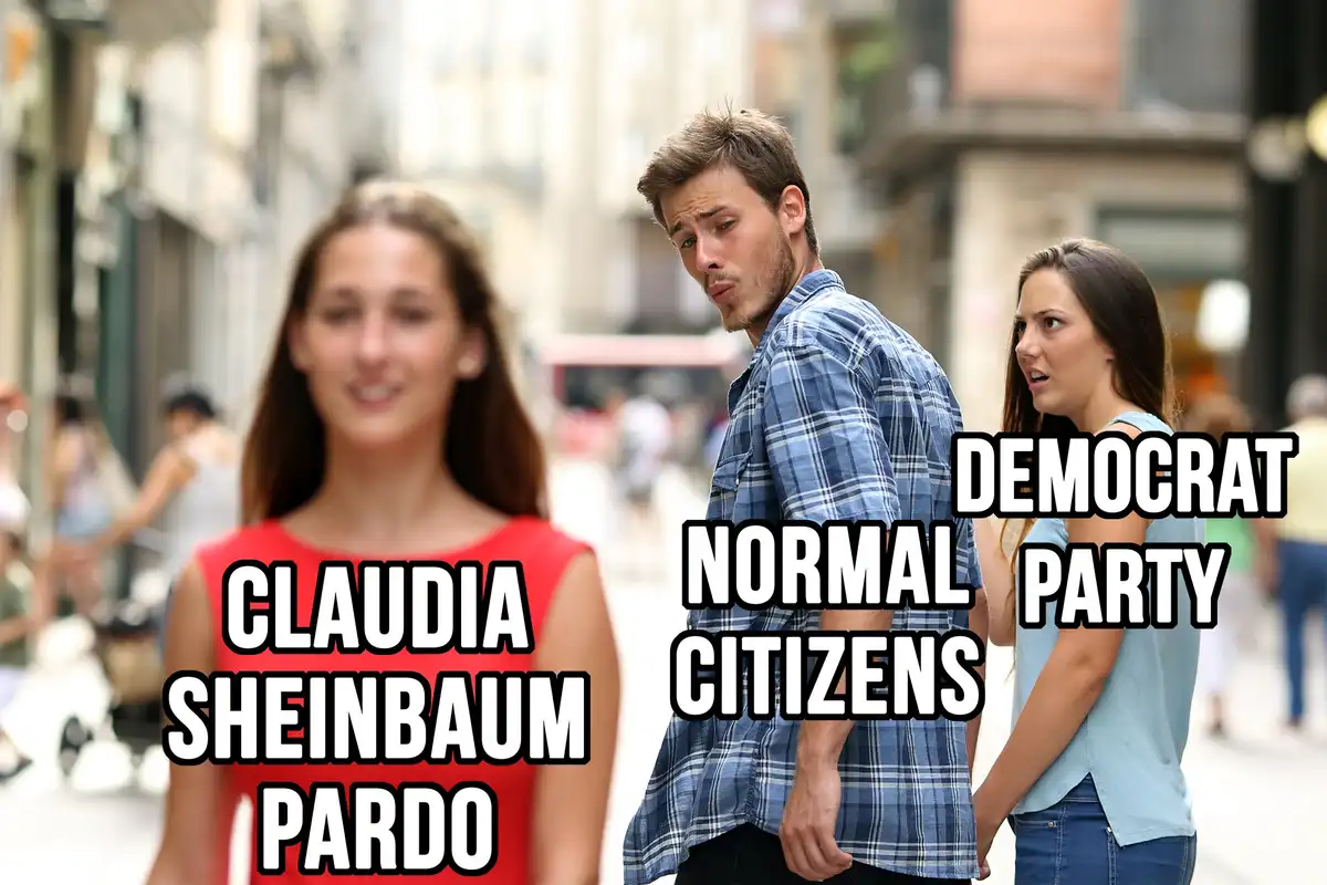 A man in a blue plaid shirt looks disgustedly over his shoulder at a woman in a red top labeled 'CLAUDIA SHEINBAUM PARDO,'…