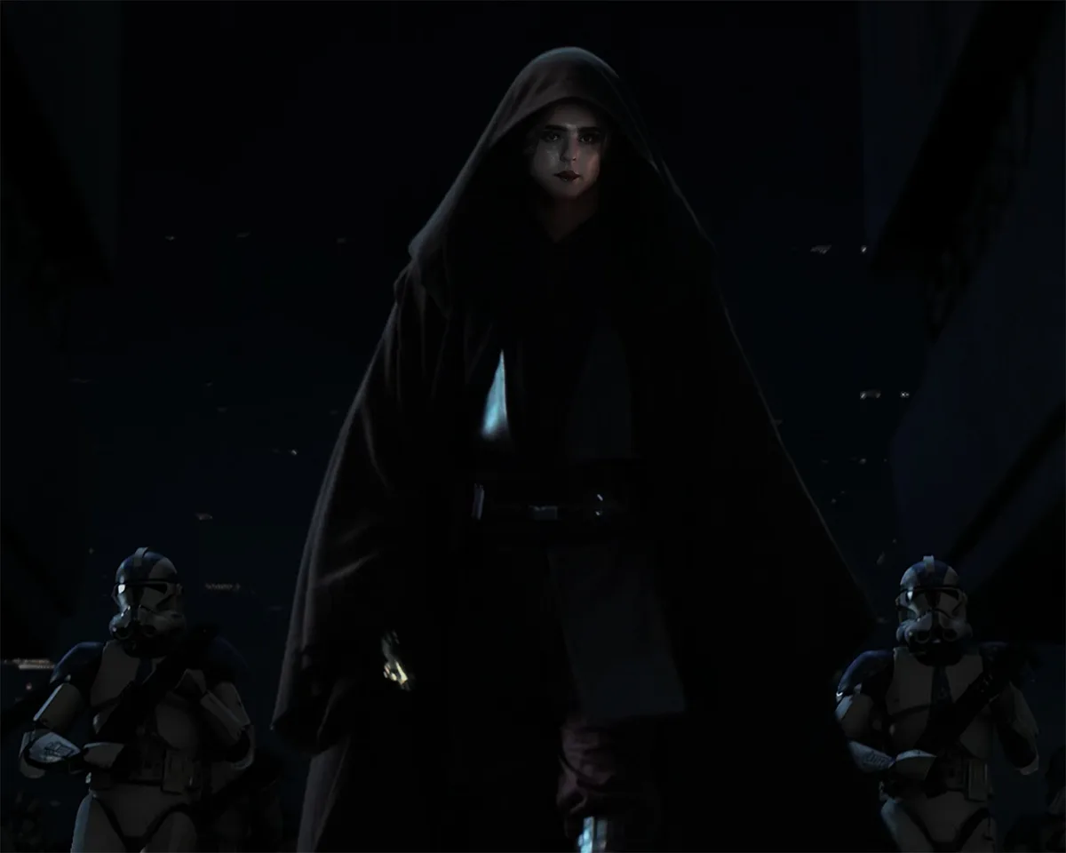 A dark, atmospheric image from Star Wars shows a hooded figure, likely a Jedi, standing solemnly with two clone troopers…