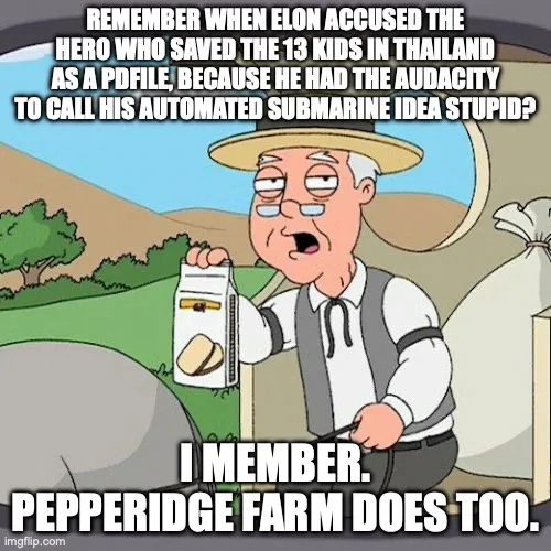 A cartoon man in a straw hat and vest holds a Pepperidge Farm cookie package while standing beside a large sack, looking…