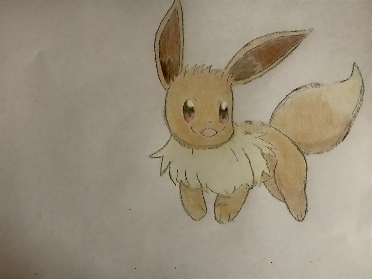 Eevee Joyfully Playing in a Beautifully Colored Pencil Landscape