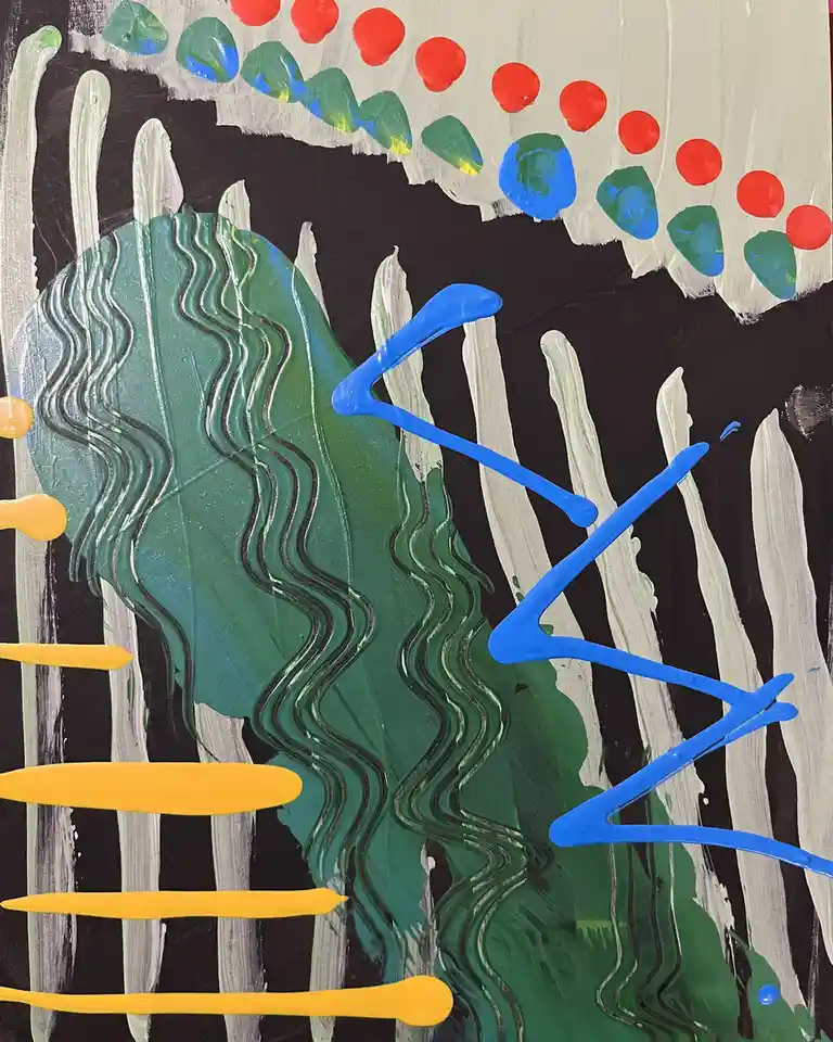An abstract painting features a large green shape with wavy black lines, surrounded by white vertical strokes, yellow…