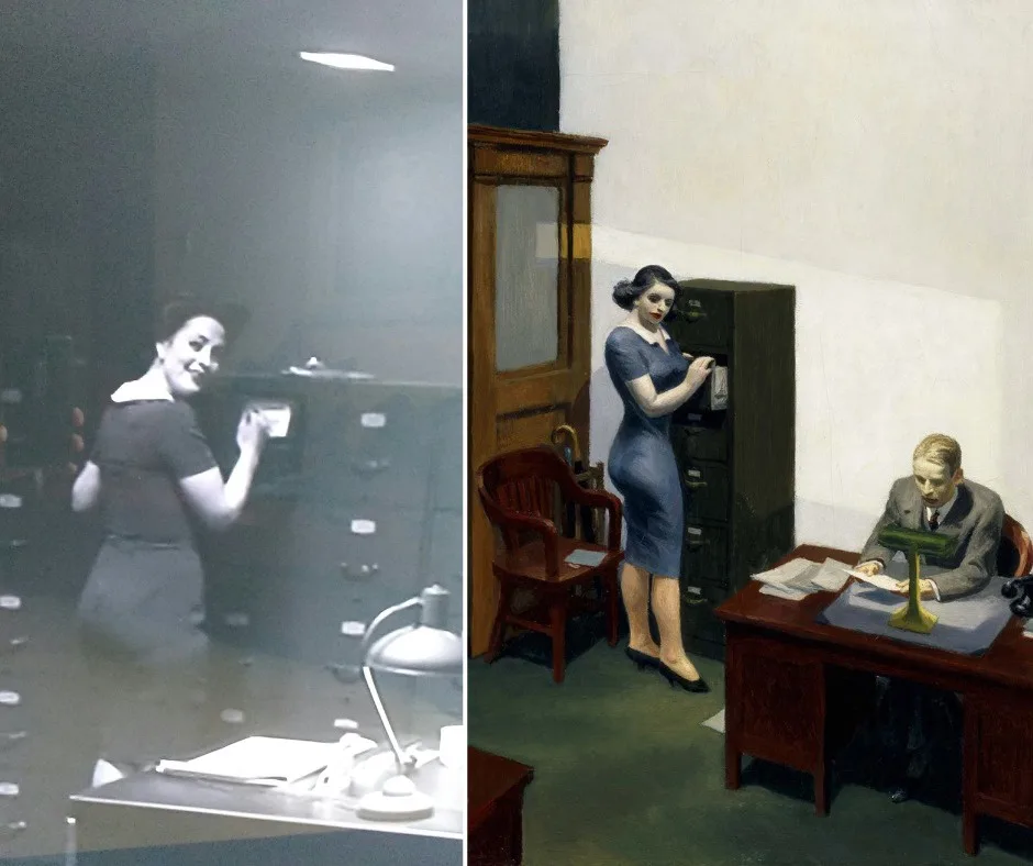 The image is a split-screen: left side shows a blurry, grainy photo of a smiling woman in a dark office holding a small…