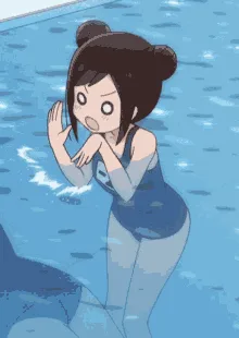 A six-panel anime sequence shows a girl in a blue swimsuit standing in a pool, repeatedly making a gesture of apology with…