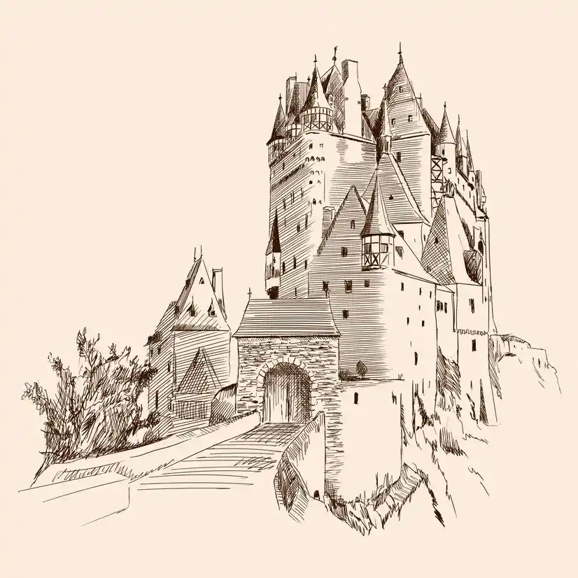 A sepia-toned sketch depicts a grand, multi-turreted medieval castle with pointed roofs and stone walls, featuring an arched…