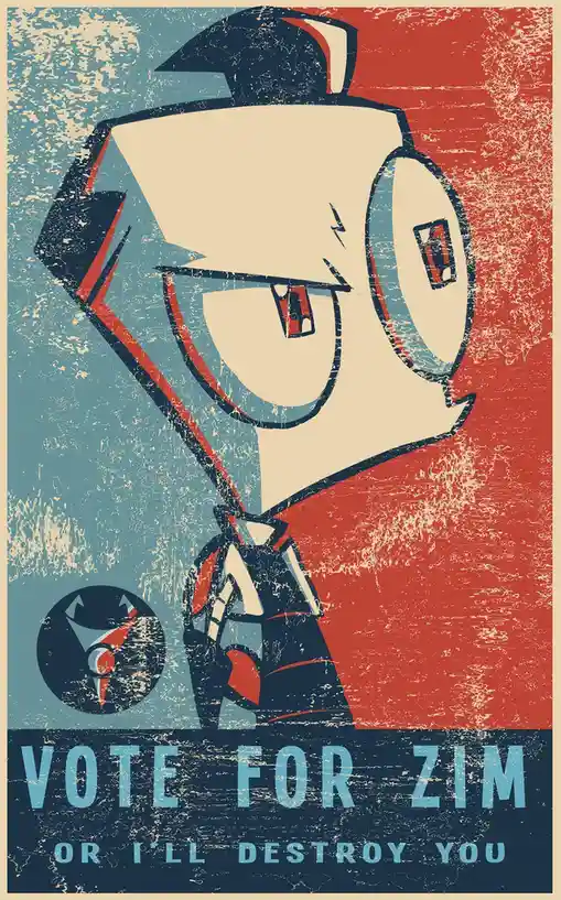 A stylized, vintage propaganda poster features the animated character Zim from 'Invader Zim' with a menacing expression…