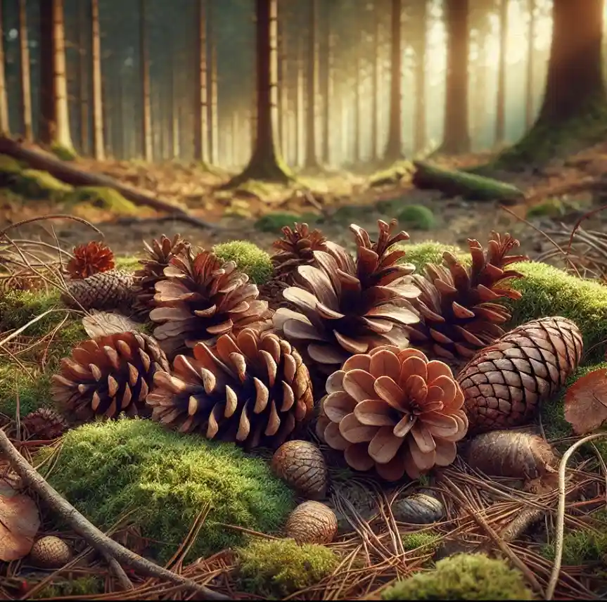 A serene forest floor covered in vibrant green moss and scattered pine cones of various sizes and shapes, with tall trees…