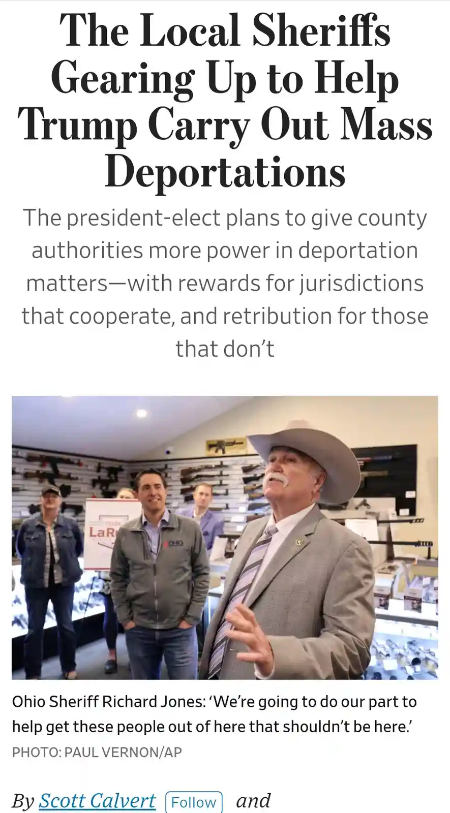 A news article screenshot shows a headline about sheriffs preparing for mass deportations under Trump, with a photo of Ohio…