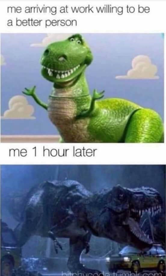 The meme features two images of dinosaurs. The top image shows a cheerful, green, toy-like Tyrannosaurus Rex from 'Toy…