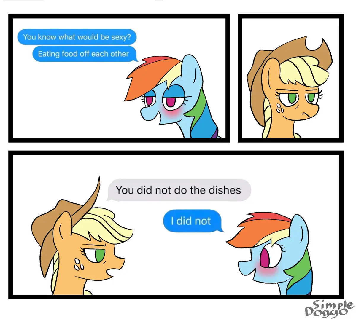 A three-panel comic featuring Rainbow Dash and Applejack from My Little Pony. In the first panel, Rainbow Dash, blushing…