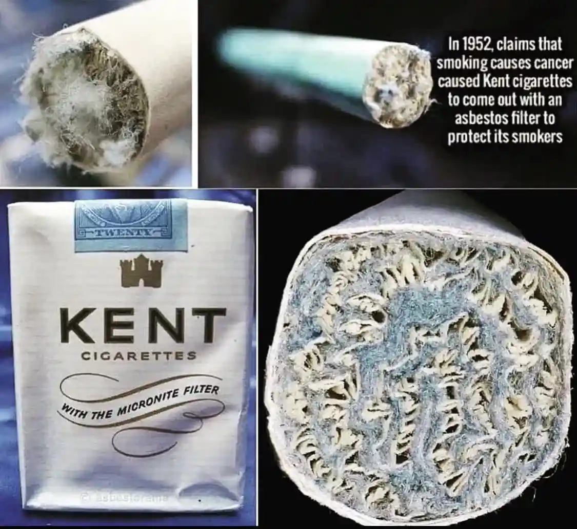A four-panel collage shows a cross-section of a cigarette revealing fibrous material, a blurred cigarette, a Kent cigarette…