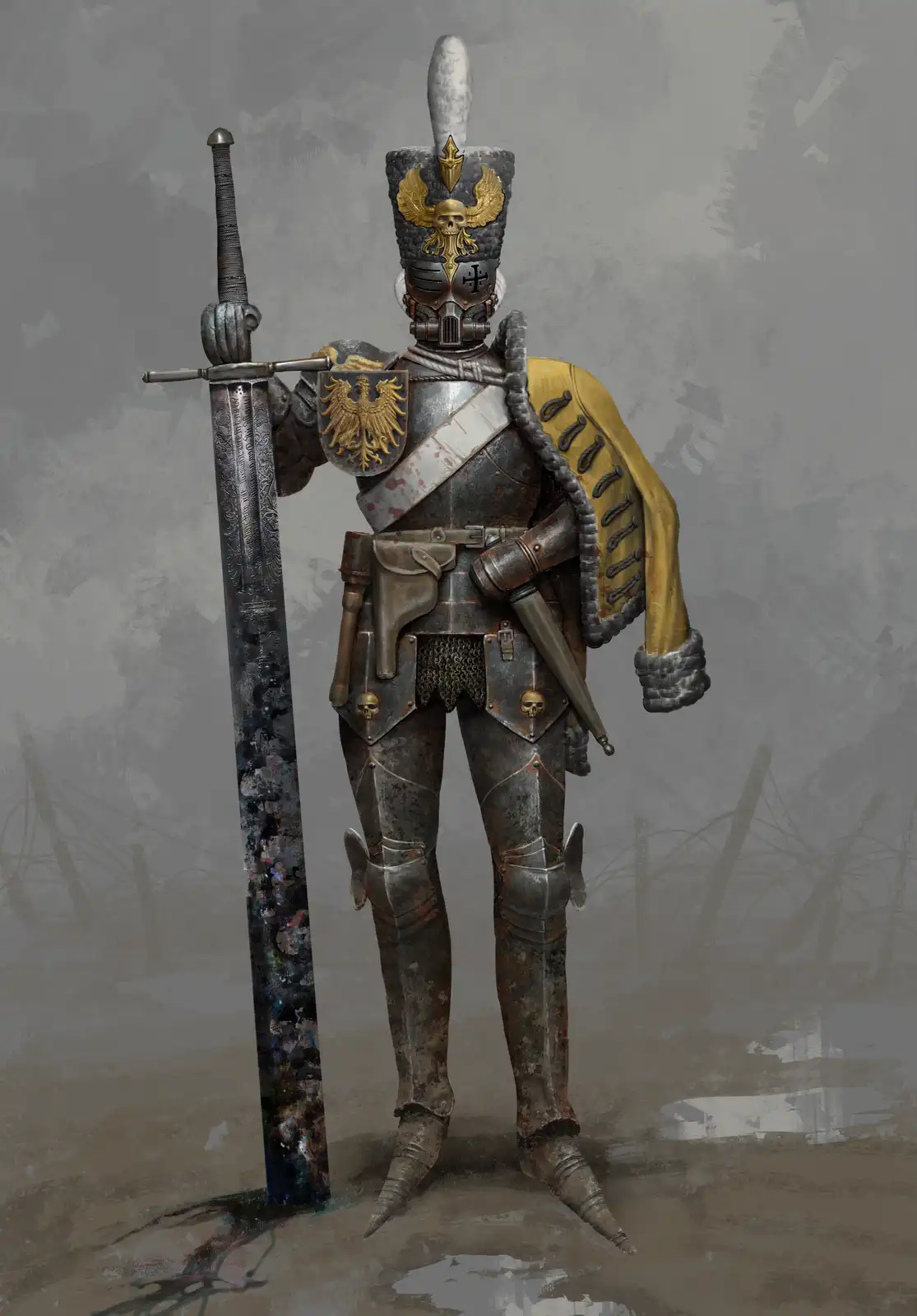 A heavily armored, grim reaper-like soldier in ornate, rusted armor with a skull-adorned helmet and a yellow cape stands…