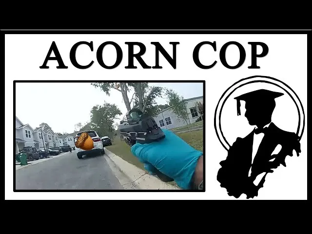 A first-person view shows a gloved hand holding a handgun pointed at a white car parked on a residential street. A cartoon…