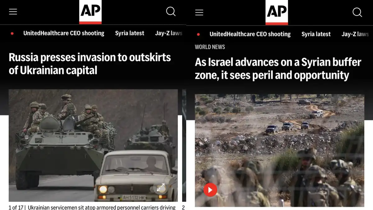 The image displays two side-by-side AP News headlines. The left shows Ukrainian servicemen on armored personnel carriers…
