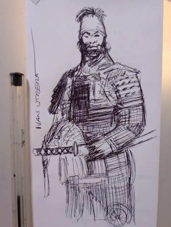 A rough black-and-white sketch of a man in samurai armor holding a katana, with the text 'i am not a samurai' written across…