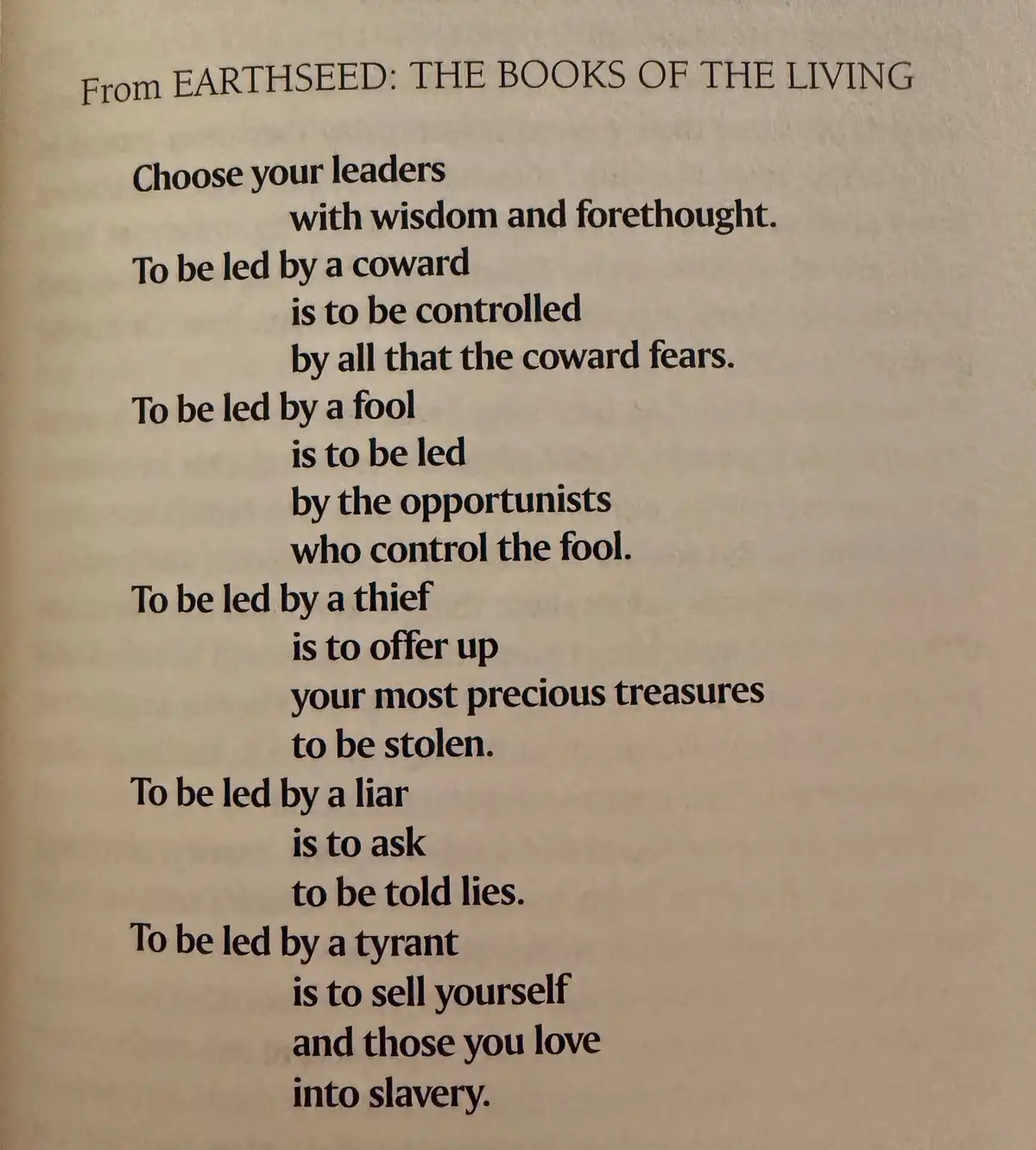 A close-up of a printed page from 'EARTHSEED: THE BOOKS OF THE LIVING' showing a poem about choosing leaders. The text warns…