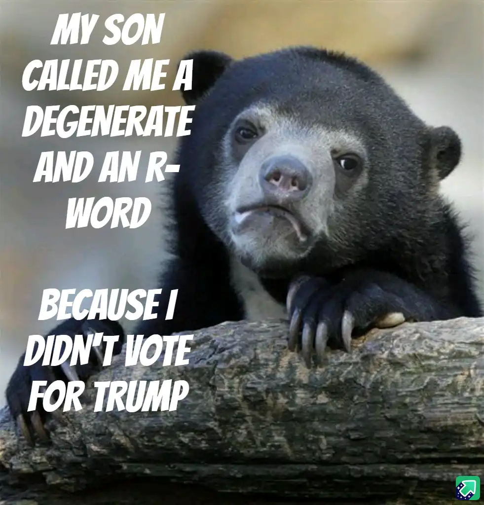 A close-up photo of a sad-looking, dark-furred bear resting its paws on a log, with white bold text overlaid that reads 'MY…