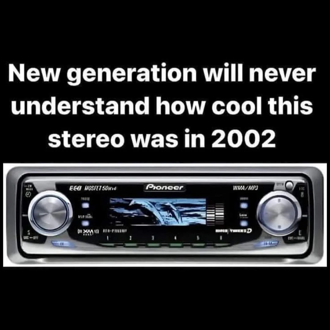 The image displays a silver Pioneer car stereo with two large knobs, a small blue LCD screen showing a wave graphic, and…