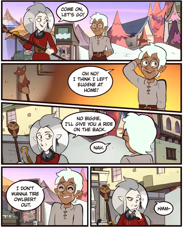 A four-panel comic strip featuring two elf-like characters. In the first panel, a woman with grey hair and a red outfit says…