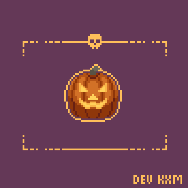 A pixelated jack-o'-lantern with a smiling face is centered within a yellow dotted camera viewfinder frame on a purple…