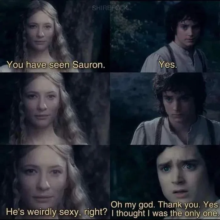 A six-panel meme from 'The Lord of the Rings' featuring Arwen and Aragorn. Arwen asks if he has seen Sauron, he confirms…