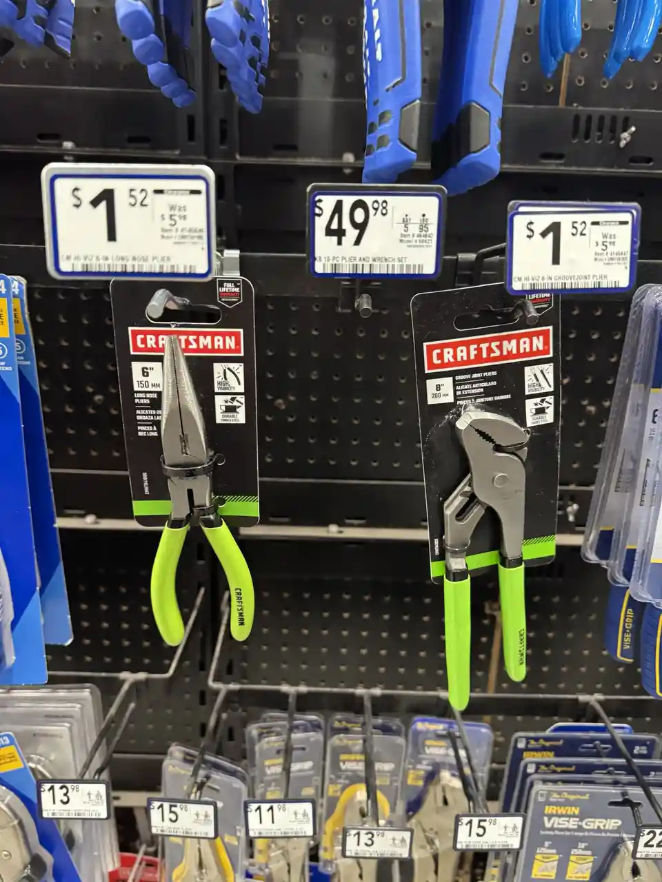 Two Craftsman pliers with bright green handles hang on a store shelf, priced at $1.52 each, with overlaid text reading 'i…