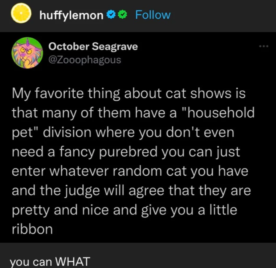 A screenshot of a tweet from October Seagrave (@Zooophagous) on the platform 'huffylemon' that reads: 'My favorite thing…