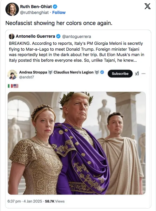 A digitally altered image shows three figures dressed in Roman imperial attire: a woman in ornate gold, a man in a purple…