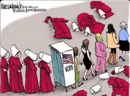 A cartoon depicts women in red robes and white hoods, resembling characters from 'The Handmaid's Tale,' standing in line at…