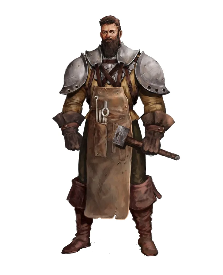 A bearded, muscular man in medieval-style armor and a leather apron stands holding a hammer, with tools in his apron pocket…