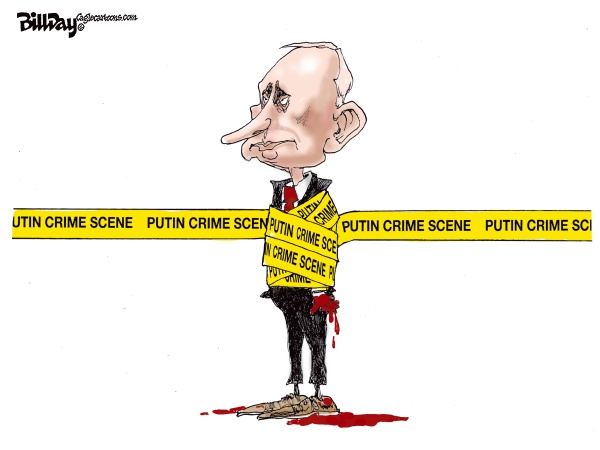 A cartoon caricature of Vladimir Putin stands with a long nose, wearing a suit and tie, wrapped in yellow crime scene tape…