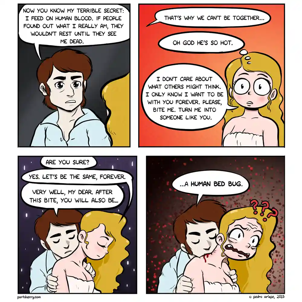 A four-panel comic strip shows a vampire confessing his secret to a woman, who eagerly asks to be turned. He bites her, but…