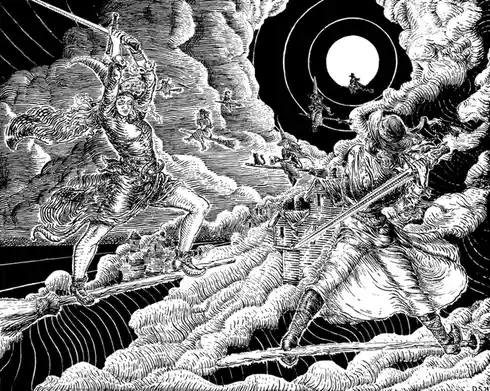A black-and-white, highly detailed engraving depicts two large, ornately dressed witches locked in combat on broomsticks…