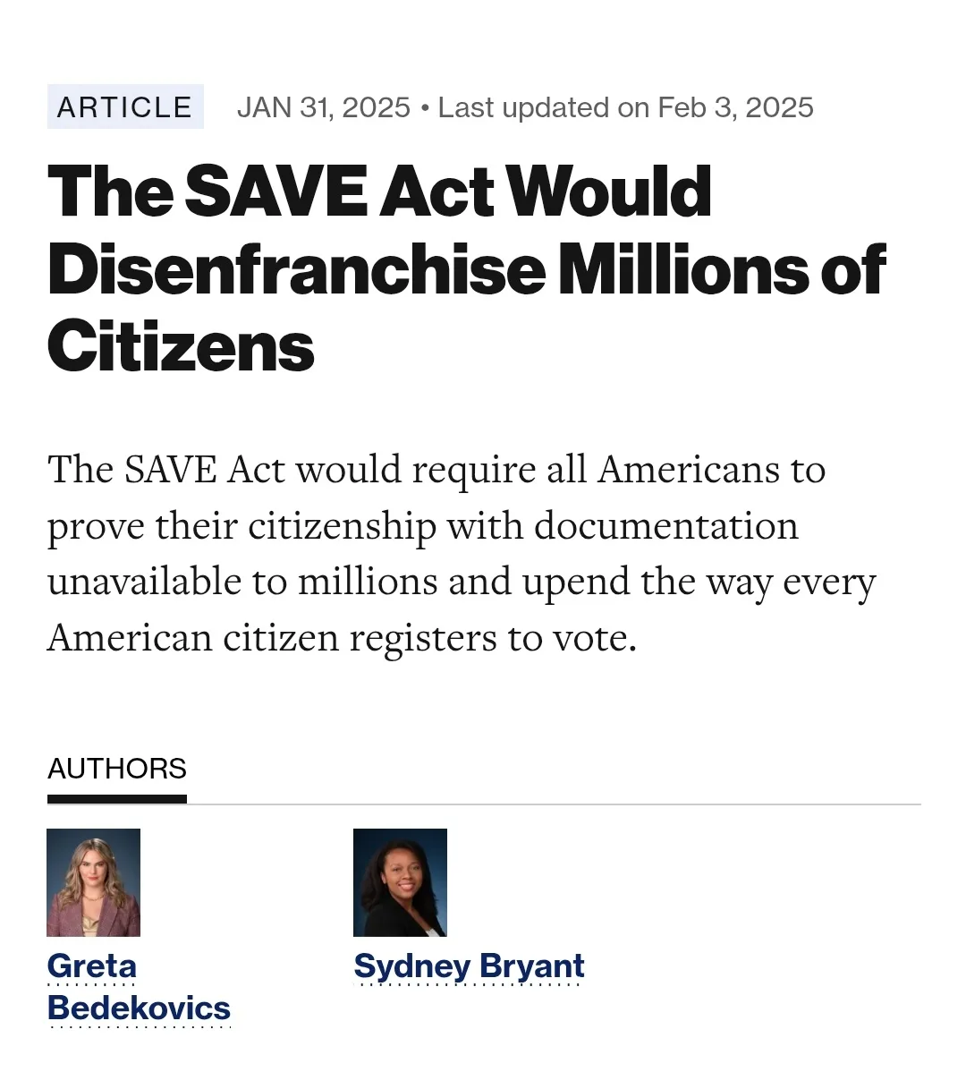 A screenshot of a news article from January 31, 2025, titled 'The SAVE Act Would Disenfranchise Millions of Citizens,' which…