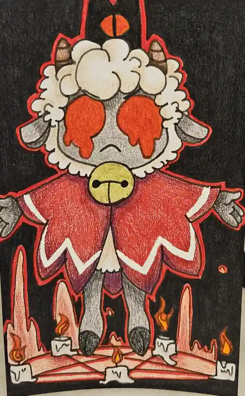 A hand-drawn cartoon sheep with fluffy white wool, wearing a red robe and a black pointed hat with an orange eye, stands…