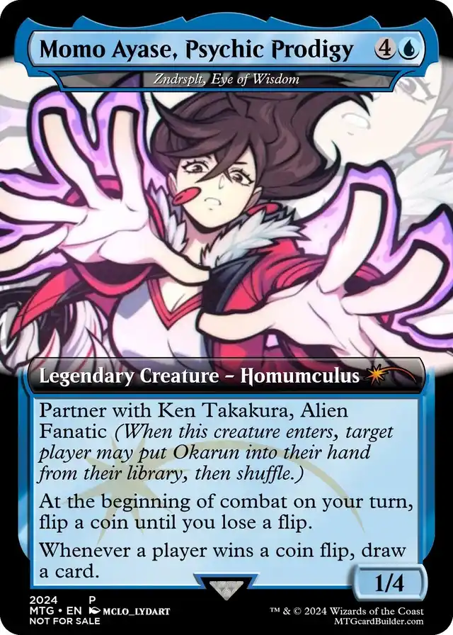 This is a Magic: The Gathering card featuring anime character Momo Ayase, who has a distressed expression and is surrounded…