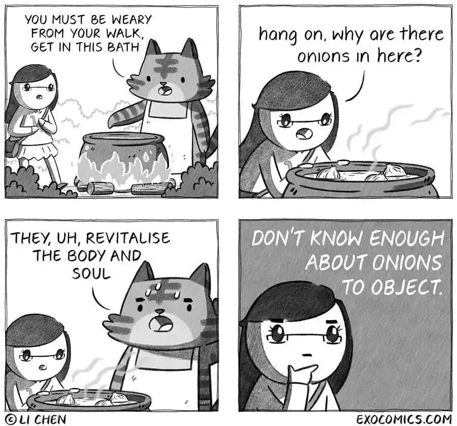 A four-panel comic strip shows a cat offering a steaming bath to a girl, who then notices onions floating in it. The cat…