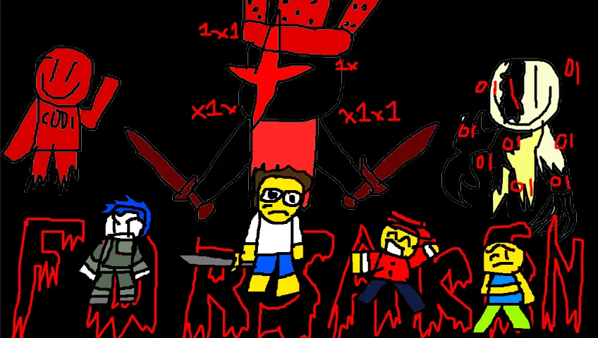 A crudely drawn digital image features several cartoonish figures, including a red smiling character labeled 'CODI', a…
