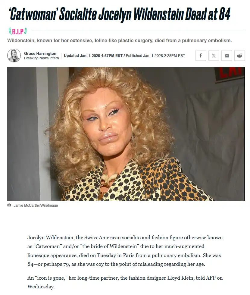A fake news article screenshot shows a photo of Jocelyn Wildenstein, a woman with voluminous blonde curls, heavy makeup, and…