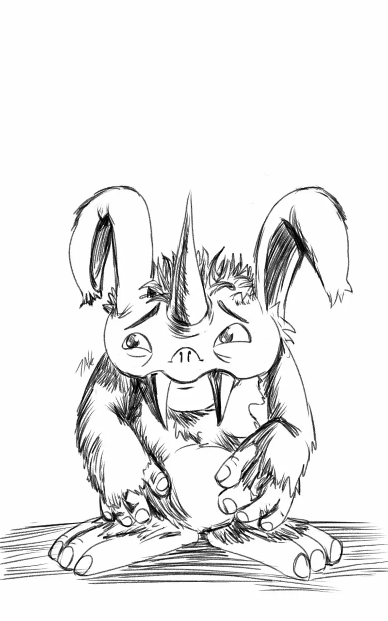 A black-and-white sketch depicts a cartoonish, furry creature with bunny-like ears, a unicorn horn, fangs, and a worried…