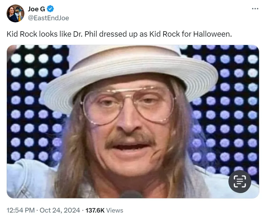 A close-up image of a man with long hair, a mustache, large round glasses, and a white fedora, set against a blue LED dot…
